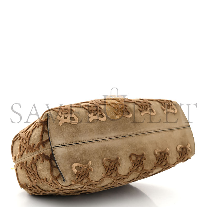 FENDI CAMOSCIO KARLIGRAPHY EMBROIDERED MEDIUM FIRST CAMEL (32.5*23.5*15cm)